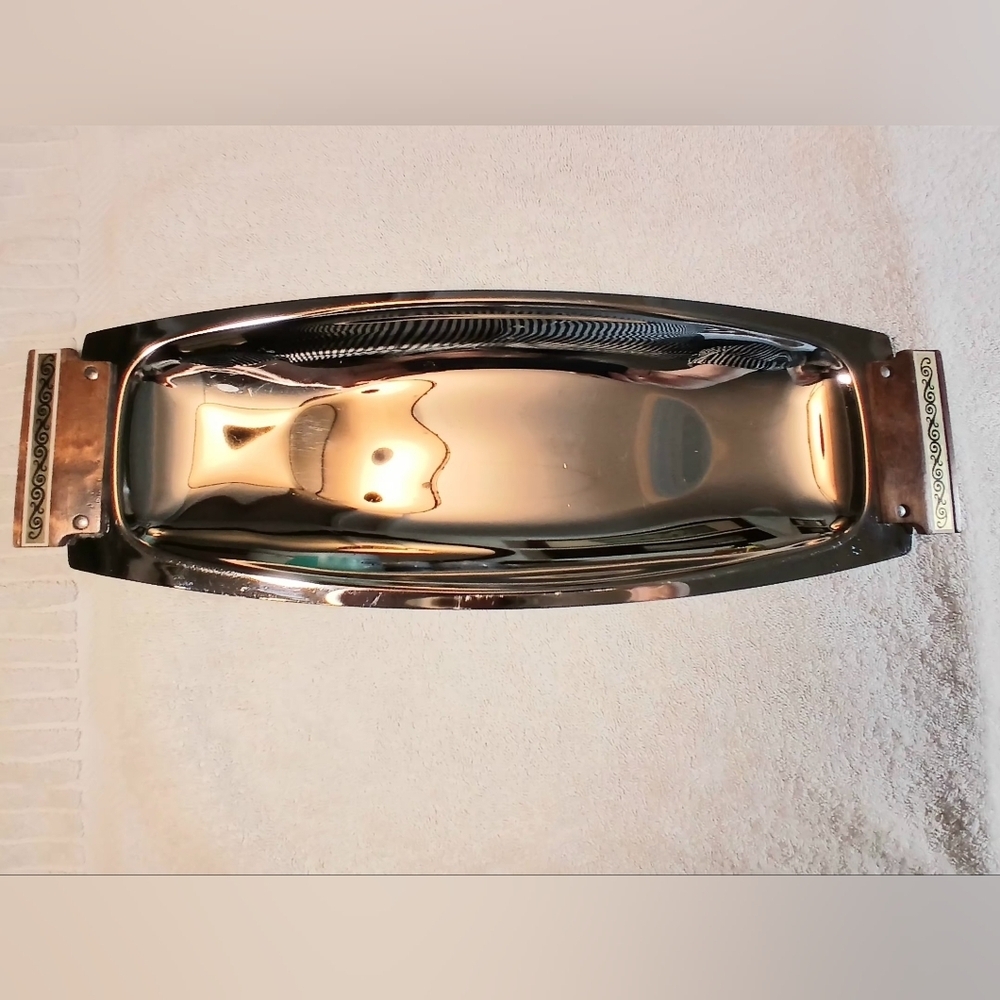 Vintage MCM Tray Stainless Steel W Decorated Wood Handles